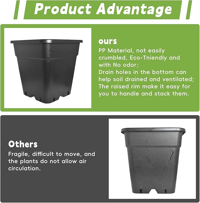 HOSTIC 5 Gallon Square Nursery Pots Flexible Plastic Pots for Plants Gallon Pot with Drainage Holes 10 Pcs