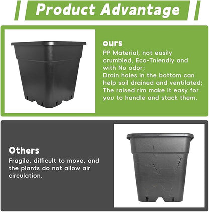 HOSTIC 5 Gallon Square Nursery Pots Flexible Plastic Pots for Plants Gallon Pot with Drainage Holes 10 Pcs