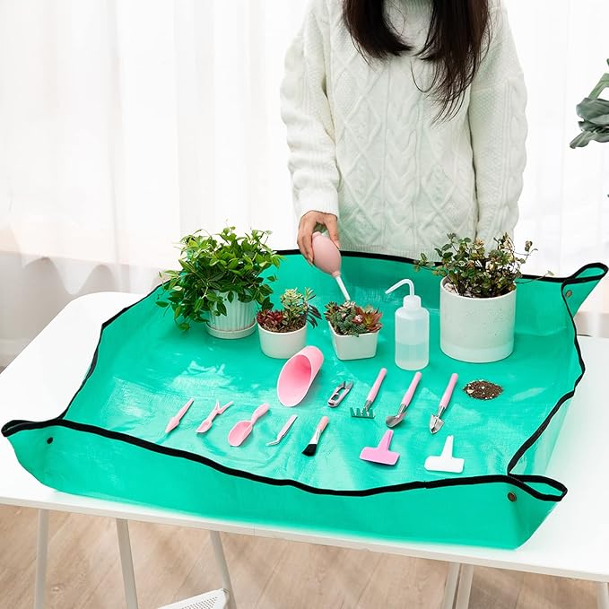 Melphoe 25Pcs Mini Garden Hand Transplanting Succulent Tools Set, 39.4" Thickened Repotting Mat & Plant Tag, Miniature Planting Indoor Fairy Care, Potting, Cactus, Houseplant Bonsai Tool Kit (Pink)