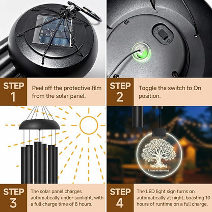 Solar Wind Chimes for Outside, 6 Tubes Relaxing Melody Wind Chimes with Tree of Life LED Windcatcher, Windchimes for Garden Patio Decor, Great Gift Idea for Mother's Day