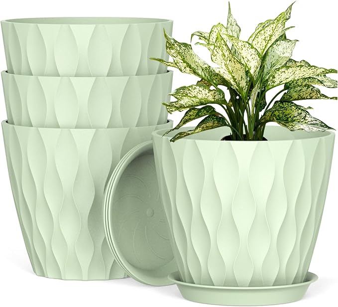 8 Inch Plant Pots, 4 Pack Plastic Planters for Indoor Outdoor with Drainage Holes & Saucers, Waffle Texture Flower Pots for Indoor Plants, Indoor Plant Pots for Monstera, Fiddle Leaf Fig, Green
