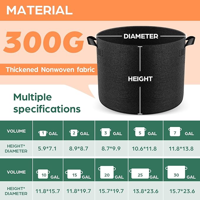 5 Pack 5 Gallon Grow Bags, Thickened Nonwoven Fabric Planter Pots with Handles, Heavy Duty 300G Garden Pots for Tomato, Potato and Vegetable