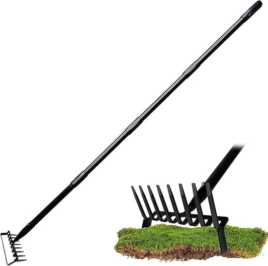 8-Tines Rake and Stirrup Hoe - Adjustable Long Handle Scuffle Loop Action Hoe for Weeding, Digging, Loosening Soil, Stainless Steel Tiller Cultivator for Gardening, Raised Flower Beds Planting.