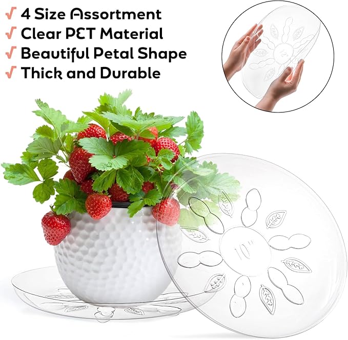YOUEON 24 Pack Clear Plant Saucers with Feet, 6/8/10/12 Inch Heavy Duty Plastic Plant Drip Trays, Flower Pot Trays, Plant Water Catcher Tray for Indoor & Outdoor Plants, Round, 4 Sizes