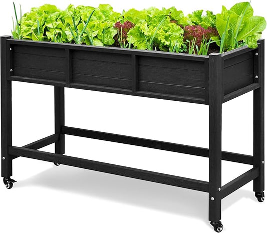 DWVO 47x18x31in Raised Garden Bed HDPE, Weather-Resistant Poly Wood Planter Box Stand, Planter Box with Legs & Lockable Wheels, Elevated Garden Bed for Backyard Patio Balcony - Black