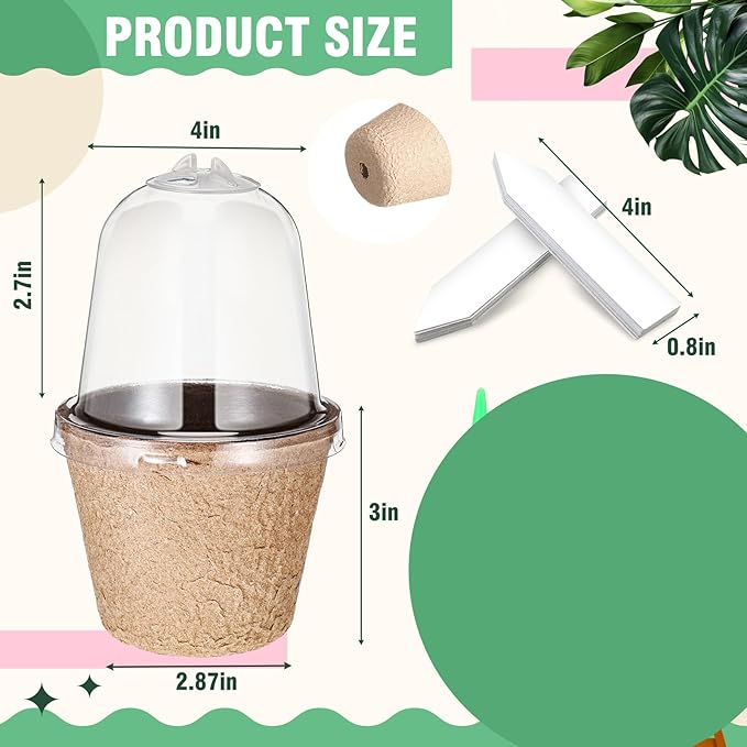 Baderke 120 Pcs Biodegradable Nursery Pots with 30 Humidity Dome and 30 Labels, 4" Plant Nursery Seed Starter Planter Biodegradable Peat Pots for Planting Seedlings, Vegetables (Round)