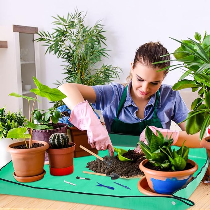 Plant Repotting Mat for Garden, 2 Pcs Waterproof Potting Mat Foldable Indoor Plant Mats Portable Square Gardening Mat Potting Tray with 6 Pcs Mini Garden Tools Set for Plant Lovers Gardening Gifts