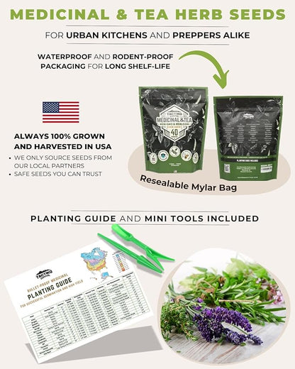 Tactiko Survival 40 Medicinal & Tea Herb Seeds Variety Pack, Indoor & Outdoor Herbal Garden Kit, USA Grown Heirloom Non-GMO, Herbal Seeds for Teas, Resealable Mylar Bag for Long-Term Storage