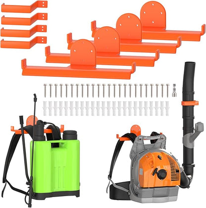 4 Pack Backpack Blower Rack, Heavy Duty Anti-Scratch Leaf Blower Hanger with Hose Holder, Backpack Sprayer Wall Mount for Garage, Warehouse & Outdoor Tool Storage