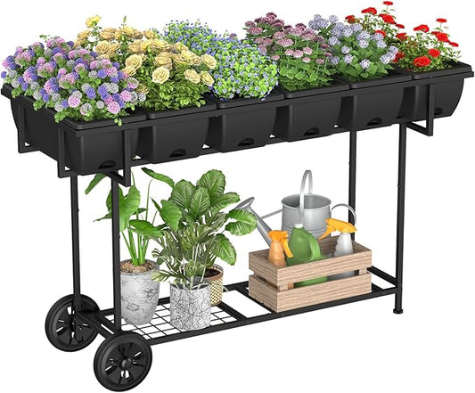 YBING Raised Garden Bed Outdoor with Wheels 42x17x29in Elevated Planter Box with Legs and Storage Shelf 6 Pocket Herb Garden Planter for Balcony Patio Deck Black