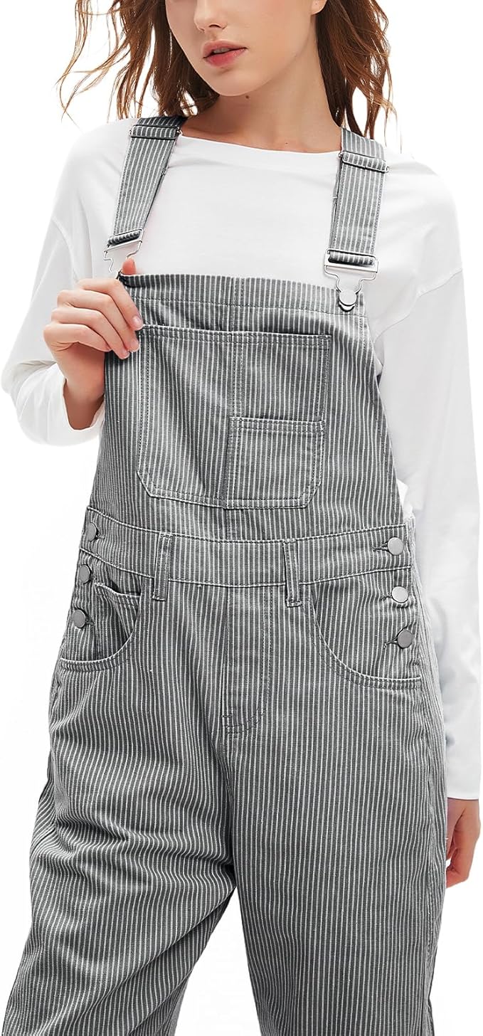 D-Sun Women's Striped Bib Overall Barrel Casual Tapered Overall Pants Wide Leg Adjustable Straps Stretch Jumpsuits
