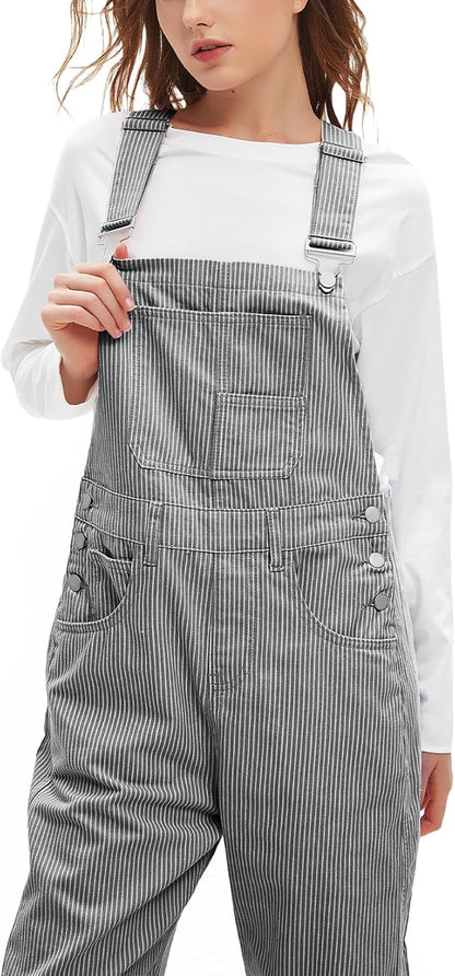 D-Sun Women's Striped Bib Overall Barrel Casual Tapered Overall Pants Wide Leg Adjustable Straps Stretch Jumpsuits