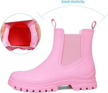 DKSUKO Rain Boots Women Waterproof Chelsea Boots Ankle Garden Shoes for Ladies Rubber Short Rainboots with Removable Comfort Insole for Outdoor Work Deck Mud Boots