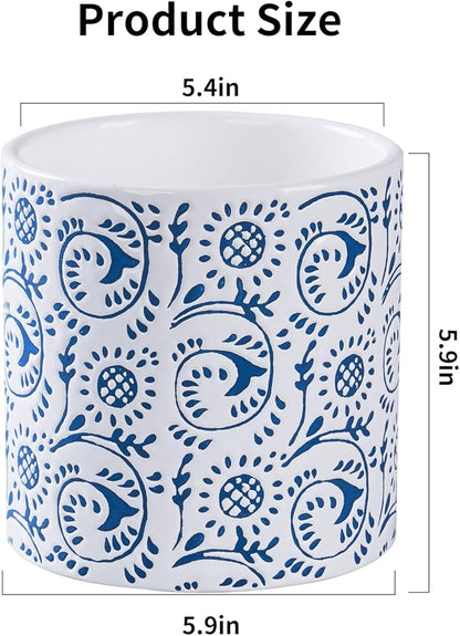 Blue and White Ceramic Plant Pot for Indoor Plants, 6 Inch Boho Flower Pot with Drainage Holes, Modern Planter for Home & Office Decor