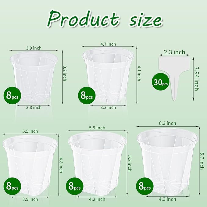 40 Pack Clear Nursery Pots for Plants, 3.9/4.7/5.5/5.9/6.3 Inch Reinforced Plastic Plant Pots with Drainage Holes High Transparency Plant Pot Seed Starter Pot High Transparency with 30 Plant Labels