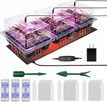 Seed Starter Tray 3 Pack with Heating Mat & 24 Full Spectrum LEDs Grow Light – Auto cycle Timer, Humidity Dome Ventilation Cover, Drainage Holes, Includes Gardening Tools – Transparent version