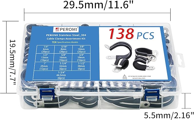 138PCS Double Cable Clamps Assortment Kit in 10 sizes 1/4" 5/16" 3/8" 1/2" 5/8" 3/4" 1" 1-1/4" 1-1/2 1-3/4 P Clamps, 304 Stainless Steel Rubber Cushioned Insulated Clamp Wire Loom Clips By PEROMI