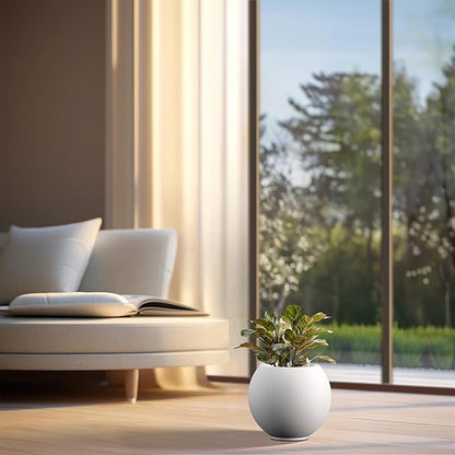 Kante Round Concrete Flower Pot, 11 Inch Dia (7.9" Opening) Sphere Shape Design Planter with Drainage Hole and Rubber Plug for Indoor & Outdoor Plants, White Finish with Painted Interior