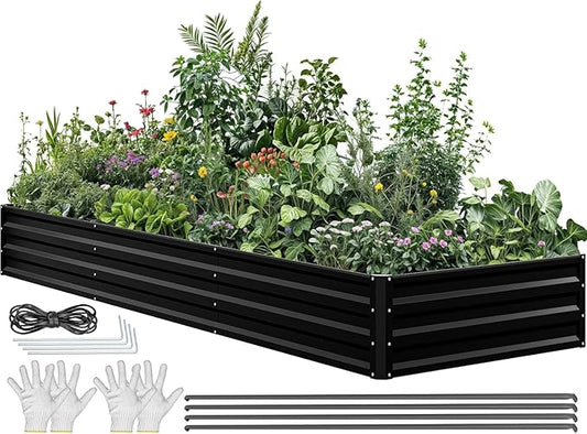 YITAHOME 144x48x12 in Galvanized Raised Garden Bed Kit, Large Metal Planter Box with Gloves, Safety Rubber & Support Rod, Outdoor Flower Bed for Plants Vegetables, Black