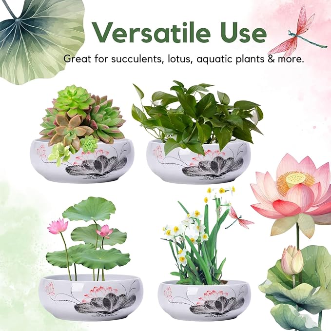 Lotus Bowl Planter, Ceramic Water Lily Bowl, Hydroponic Bonsai Lotus Bowls for Water Plants Indoor, Succulent Pots, Leak-Proof Design (7.68in*3.15in)