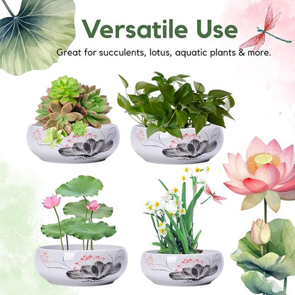 Lotus Bowl Planter, Ceramic Water Lily Bowl, Hydroponic Bonsai Lotus Bowls for Water Plants Indoor, Succulent Pots, Leak-Proof Design (7.68in*3.15in)