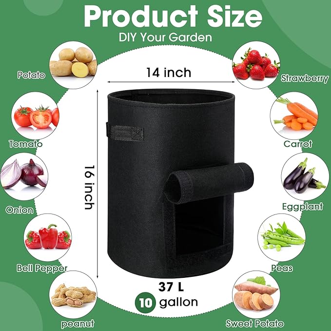 16 Pack Potato Grow Bags 10 Gallon Garden Planting Bag Garden Potato Grow Bags with Flap Vegetable Grow Bags Potato Growing Containers with Handles and Harvest Window for Potato Tomato and Vegetables