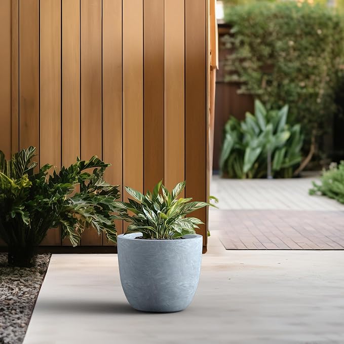 Kante Round Concrete Planter, Large Outdoor Indoor Garden Pots with Drainage Hole, 14-Inch Diameter Flower Pots for Patio, Garden and Home, Slate Gray