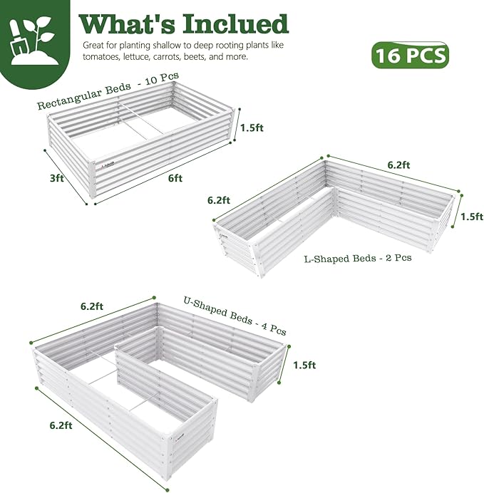 A ANLEOLIFE 16-Piece 18 Inch Tall Galvanized Raised Garden Beds Kit, Rectangular,U-Shaped & L Shaped Metal Planters – Ideal for Backyard Structured Garden Layouts, Antique White