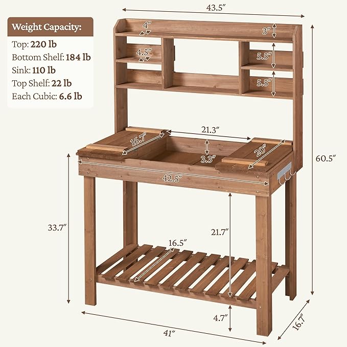 Yaheetech Potting Bench Table Horticulture Germination Table & Outdoor Garden Work Bench Platform w/Display Rack/Storage Shelf/Hanger/Thoughtful Sink Brown