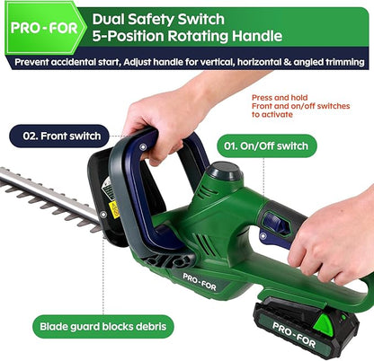 Cordless Hedge Trimmer with Battery and Charger, 20V Bush Trimmer, 22" Dual-Action Blade, 3000SPM Electric Shrub Trimmer, 0.55" Cutting, Lightweight Battery Powered for Garden & Yard