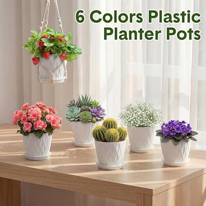 24 Pack 4 Inch Plant Pots Bulk Small Pots for Succulents Waffle Texture Plastic Planter with Drainage Holes and Saucers for Indoor Outdoor Plants Flowers, Seedlings (White)
