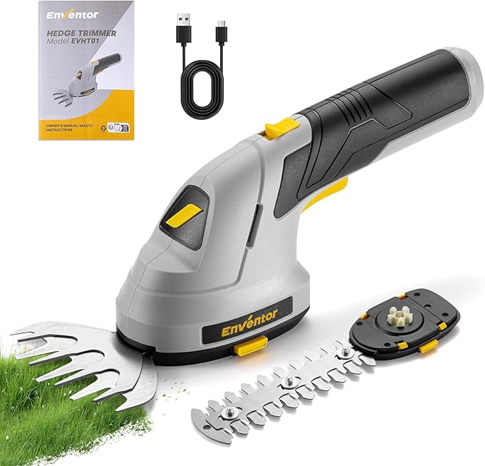Enventor Cordless Hedge Trimmer and Grass Shear, 7.4V 2000mAh Lithium-ion Rechargeable Battery, 2-in-1 Handheld Electric Grass Trimmer, Small Hedge Cutter with 2 Interchangeable Blades