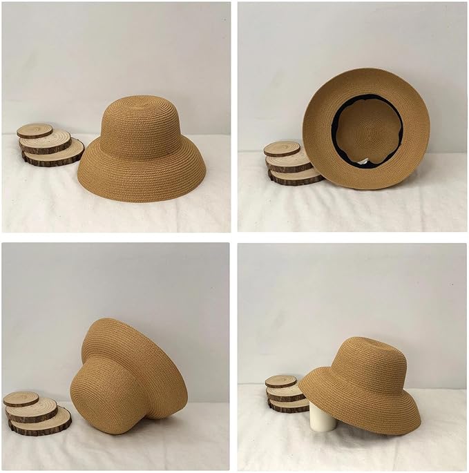 Wide-Brim Classic Elegant Style Foldable Straw Hat Women's Retro UV Resistant Sun Hats for Outdoor, Beach and Travel