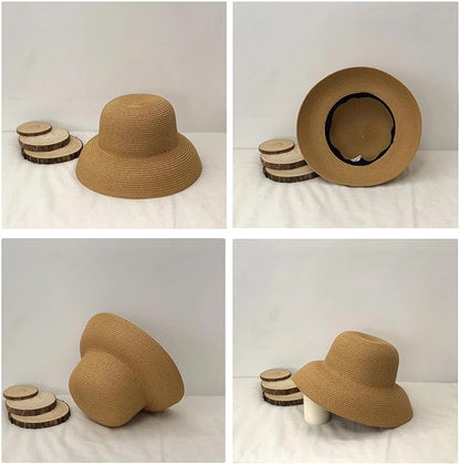Wide-Brim Classic Elegant Style Foldable Straw Hat Women's Retro UV Resistant Sun Hats for Outdoor, Beach and Travel