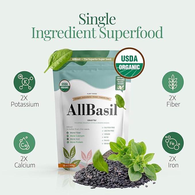Edible All Basil Seeds 14oz | USDA Organic, Non-GMO, Kosher | High Fiber Superfood | Gluten Free, Vegan, Keto, Paleo | Prebiotic | Support Weigth Loss | Ideal for Smoothies, Green juices & Desserts.