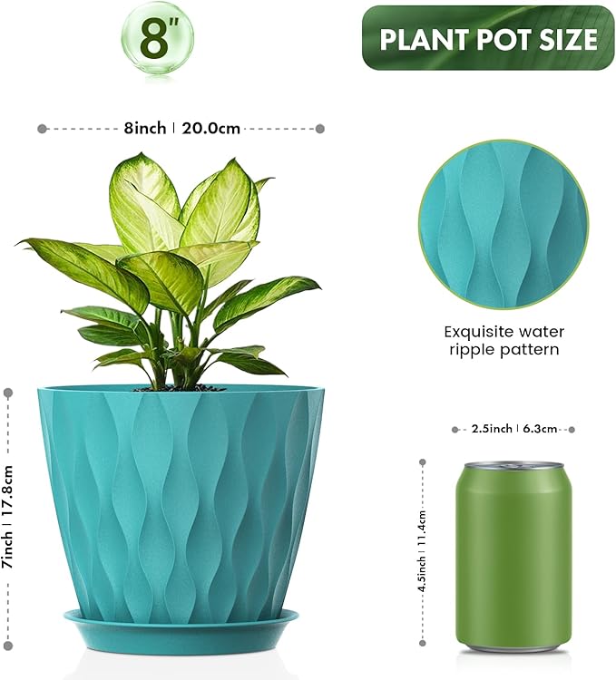 8 Inch Plant Pots, 4 Pack Plastic Planters for Indoor Outdoor with Drainage Holes & Saucers, Waffle Texture Flower Pots for Indoor Plants, Indoor Plant Pots for Monstera, Fiddle Leaf Fig Blue
