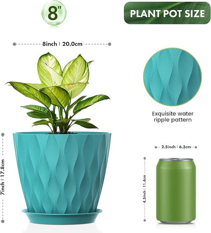 8 Inch Plant Pots, 4 Pack Plastic Planters for Indoor Outdoor with Drainage Holes & Saucers, Waffle Texture Flower Pots for Indoor Plants, Indoor Plant Pots for Monstera, Fiddle Leaf Fig Blue