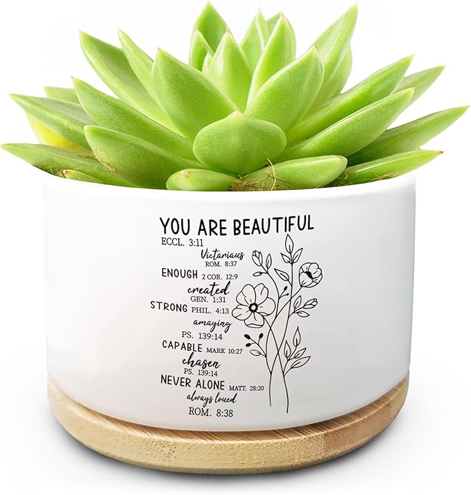 Christian Religious Plant Pot with Scripture Design Decorative Ceramic Succulent Pot Ideal for Home Garden Gifts for Christians and Faith Based Decor (Plant Not Included) (You are Beautiful)