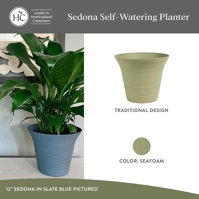 The HC Companies Sedona Round Self-Watering Pot - Lightweight Self Care Planter - Plastic Planter for Herbs & More - Durable Plant Pots for Indoor Plants & Outdoor Plants (7" Seafoam, Pack of 1)