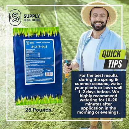 Supply Solutions 21.4-7-14.1 Lawn and Turf Fertilizer with Iron - Achieves a Lush Green Lawn in Weeks - Turf Builder for All Grass Types - for Greener Grass Fertilizer (25lbs)