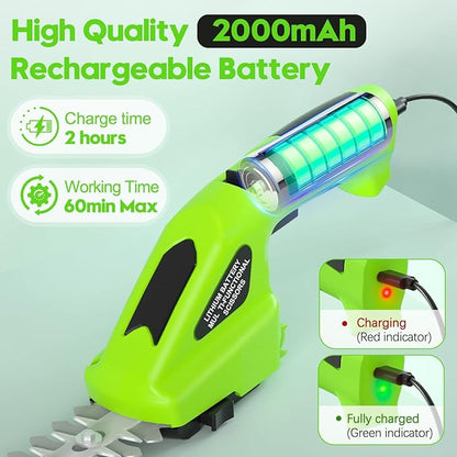 Cordless Hedge Trimmer 2000mAh, 7.2V Handheld Hedge Clippers Electric Shrubbery Trimmer, 2 in-1 Grass Clippers Trimmer Grass Cutter, Rechargeable Battery and Charger for Garden, Lawn