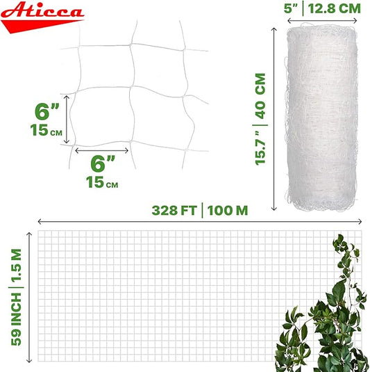 Plastic Trellis Netting 59" x 328 ft Heavy Duty Plant Support Netting White - 6 Inch Garden Trellis on Roll - Mesh for Growing Vine Climbing Plants, Flowers, Peas, and Cucumber
