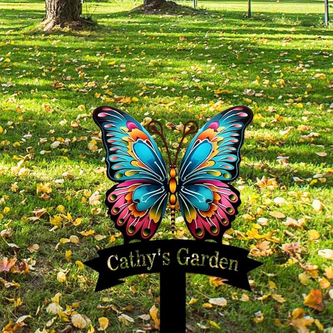 Custom Name Garden Decor Sign Butterfly, Personalized Colorful Butterfly Metal Garden Sign with Stake, Colorful Butterfly Metal Art Garden Stake Decorative Outdoor Yard Sign