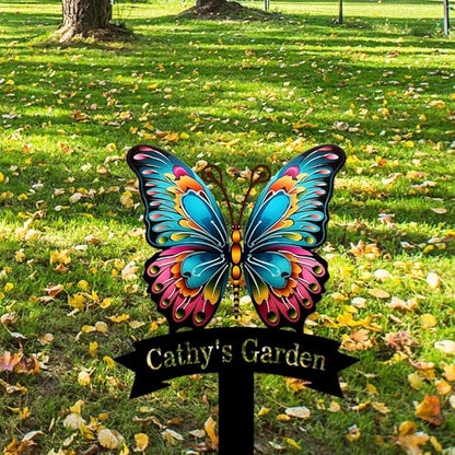 Custom Name Garden Decor Sign Butterfly, Personalized Colorful Butterfly Metal Garden Sign with Stake, Colorful Butterfly Metal Art Garden Stake Decorative Outdoor Yard Sign