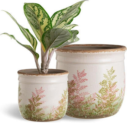 Vintage Pink and Green Ceramic Planter Set of 2, 4.7+5.7 Inch Rustic Flower Pots for Indoor Plants, Decorative Ceramic Plant Pots for Home, Living Room, Garden, Gardening Gift