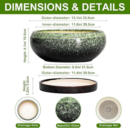 Bonsai Pots - 13 Inch Ceramic Succulent Planters Indoor, Round Shallow Planter with Drainage Hole and Saucer, Large Succulent Pot, Bowl Planter Outdoor, House Decor, Housewarming Gift, Green