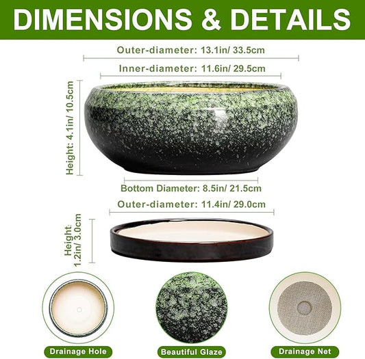 Bonsai Pots - 13 Inch Ceramic Succulent Planters Indoor, Round Shallow Planter with Drainage Hole and Saucer, Large Succulent Pot, Bowl Planter Outdoor, House Decor, Housewarming Gift, Green