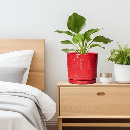 Ceramic Plant Pots, 8 Inch Plant Pots Indoor Outdoor, Round Flower Pot with Drainage Hole and Sacuer, Boho Pot for Plants, Decorative Planter, Home Room Bathroom Decor, Garden Gifts, Red