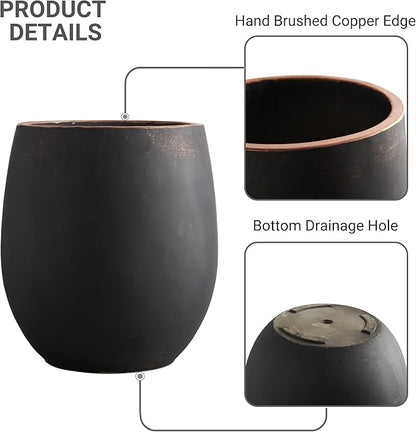 Wallowa 15.5" H Outdoor Concrete Planter, Round Flower Pot with Drainage Hole and Silicone Plug, Plant Container for Garden, Patio, Home, Office, Black, Copper Rim, 1 Pack