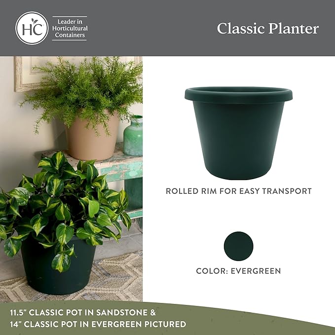 The HC Companies 20 Inch Classic Round Planter Pots with Drainage, Rolled Rim Plastic Planters for Indoor & Outdoor Plants, 2-Pack Decorative Flower Pots for Garden, Office & Home Decor, Evergreen